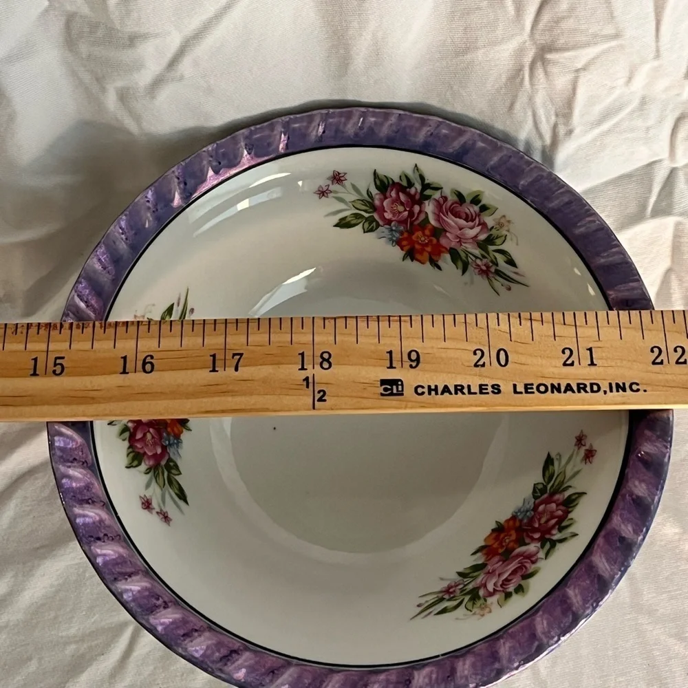 Yamatsu Japan Lusterware Set of 2 Bowls Flower Design Purple Blue Fluted Rim VTG